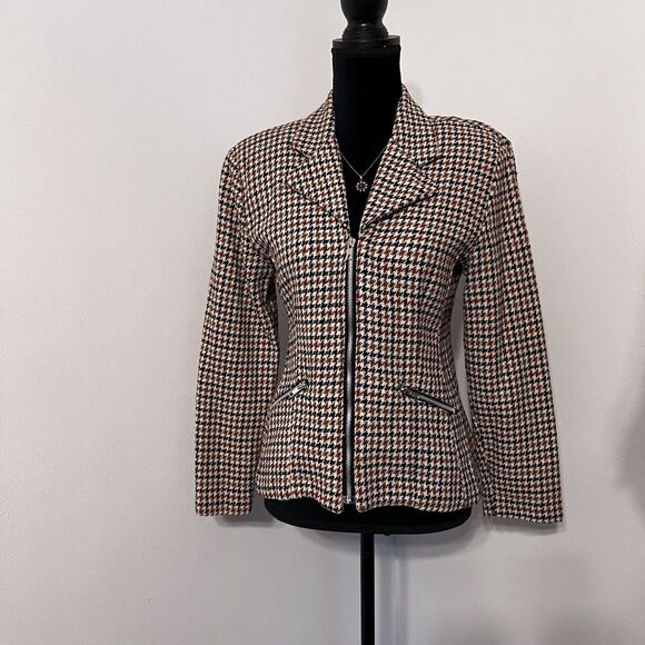 Vtg Y2K Tweed Houndstooth Blazer Jacket Wool Womens Small Zip Pocket Preppy - Picture 4 of 15